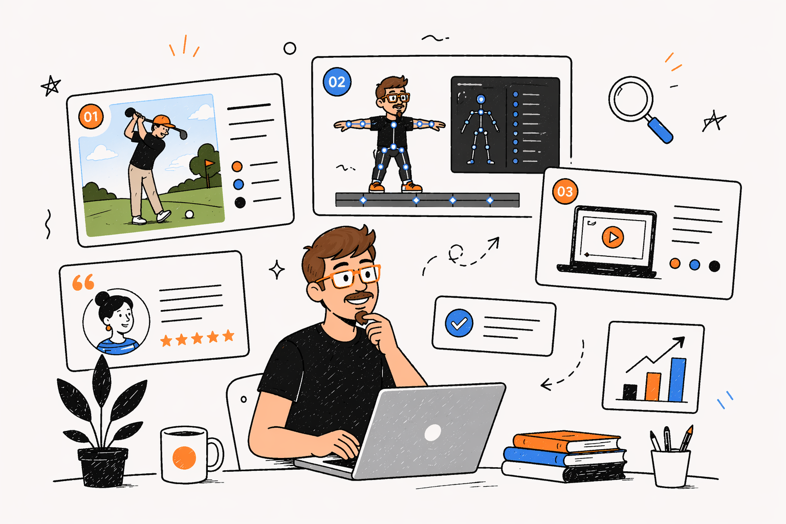 Illustration of Daniel Franey working on character-led branding case studies