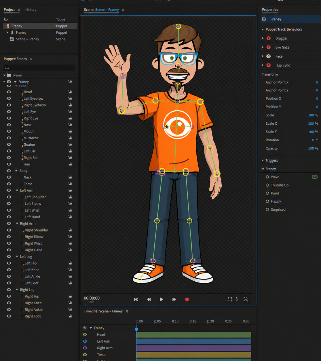 illustration of Dan Franey avatar being rigged in Adobe Character Animator