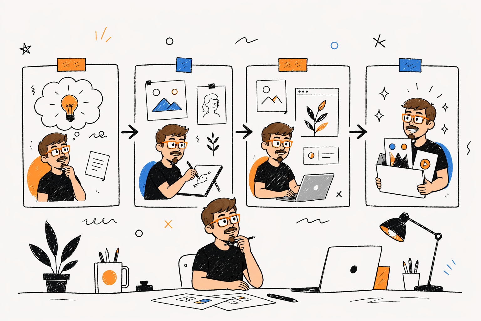 illustration of Daniel Franey working on his creative process